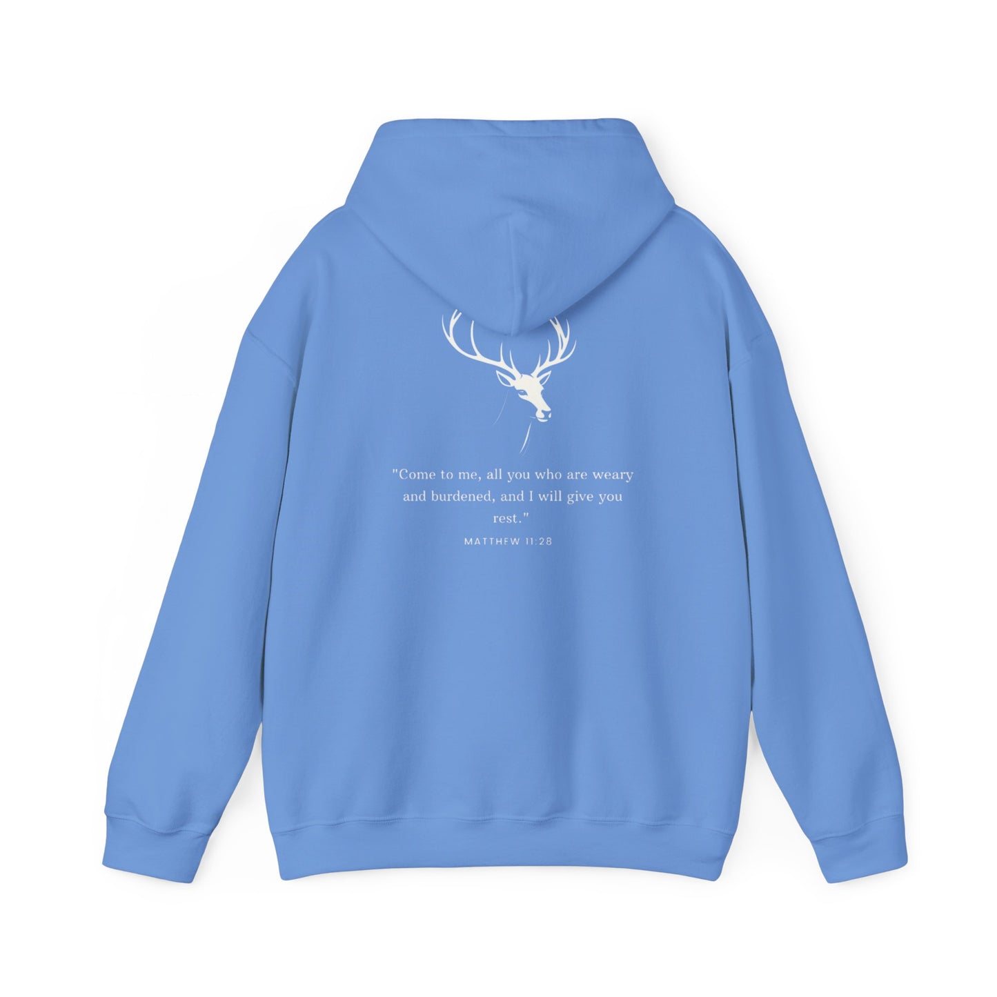 Aethereus Unisex Heavy Blend™ Hooded Sweatshirt - Stag/Matthew 11:28 Back Design