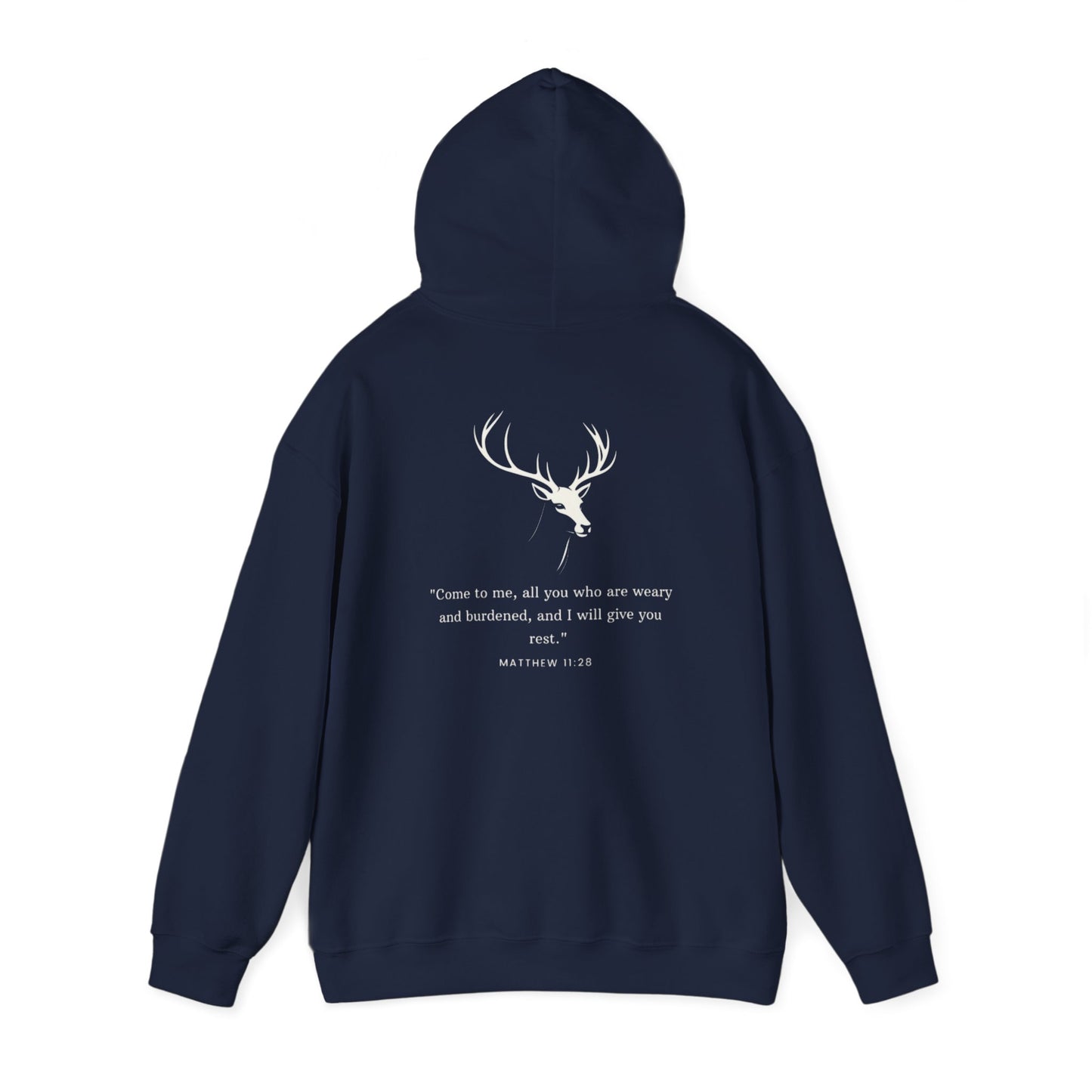 Aethereus Unisex Heavy Blend™ Hooded Sweatshirt - Stag/Matthew 11:28 Back Design