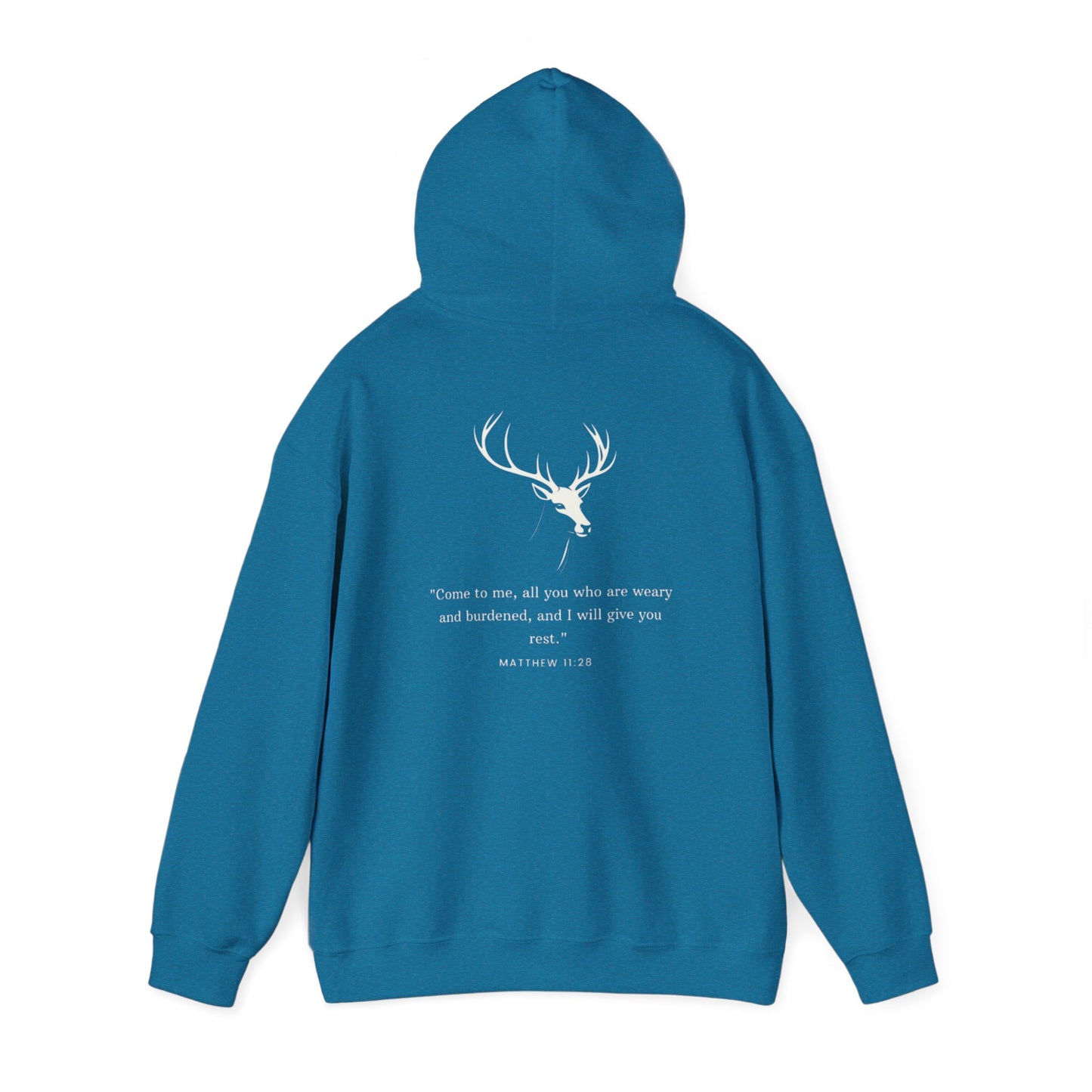 Aethereus Unisex Heavy Blend™ Hooded Sweatshirt - Stag/Matthew 11:28 Back Design