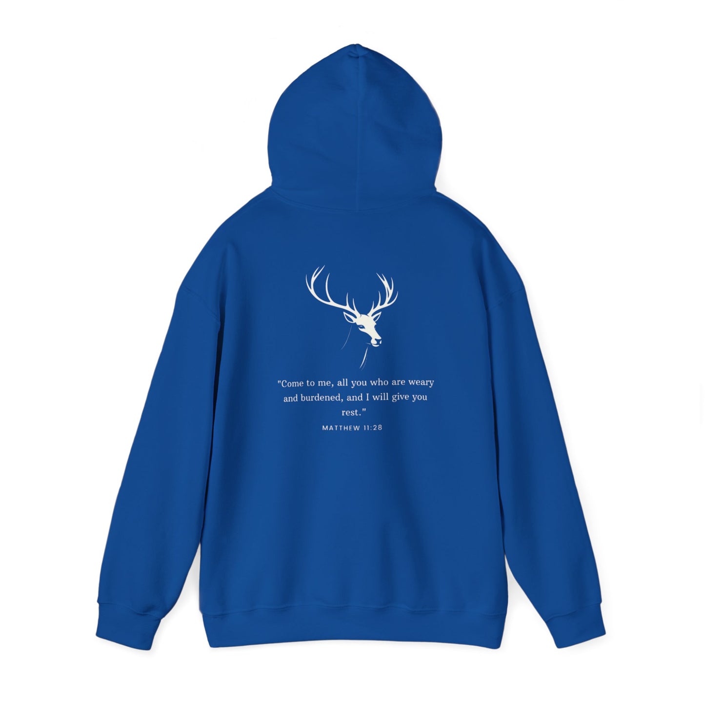 Aethereus Unisex Heavy Blend™ Hooded Sweatshirt - Stag/Matthew 11:28 Back Design
