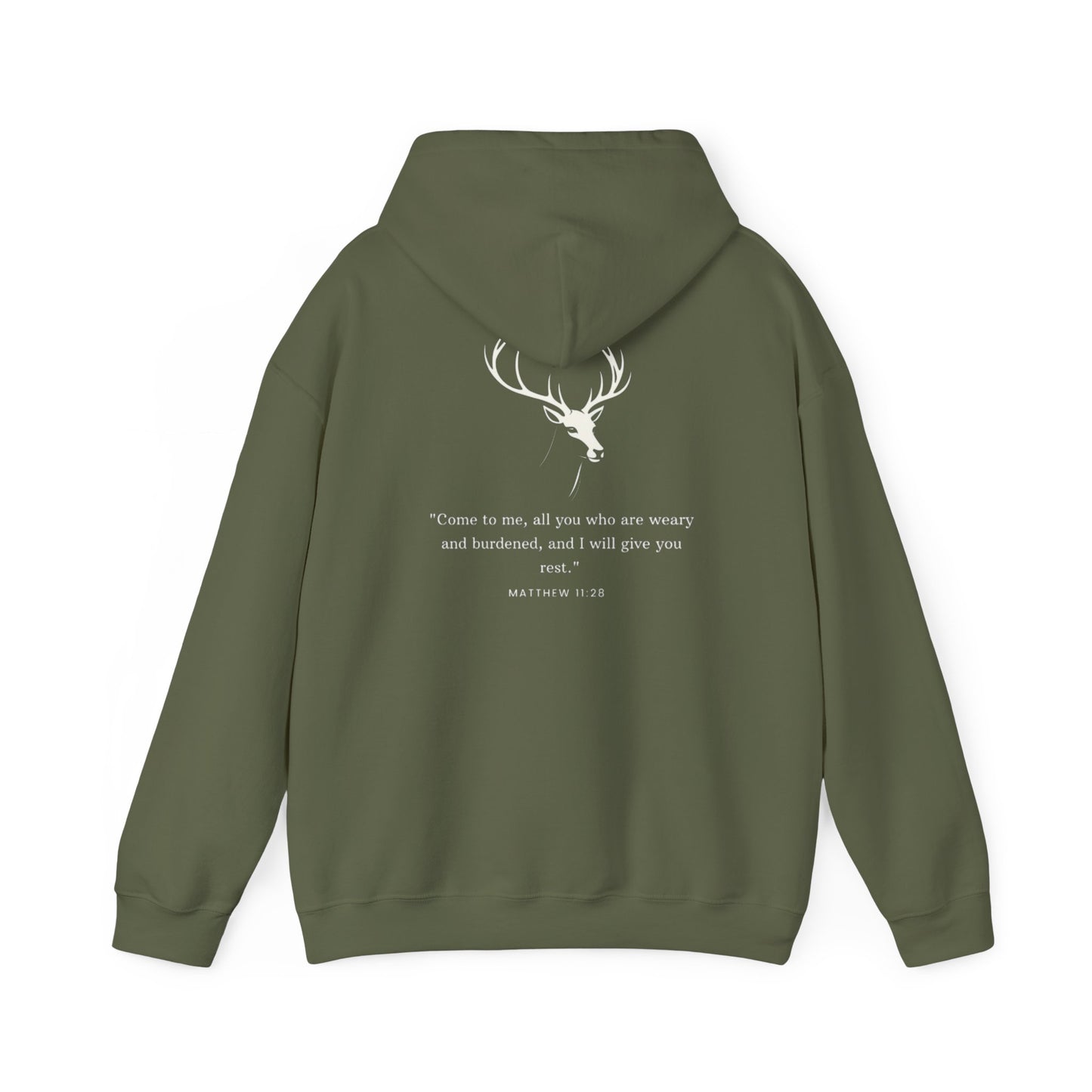Aethereus Unisex Heavy Blend™ Hooded Sweatshirt - Stag/Matthew 11:28 Back Design