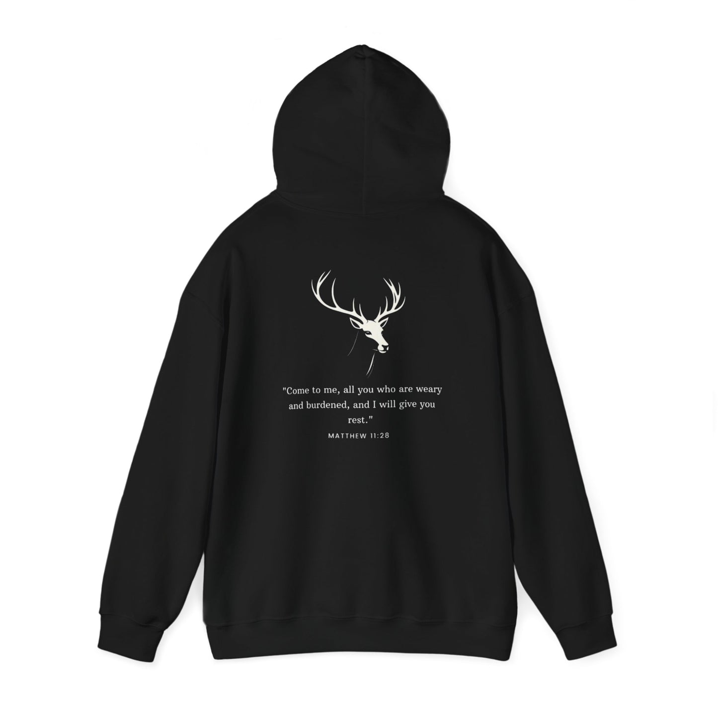 Aethereus Unisex Heavy Blend™ Hooded Sweatshirt - Stag/Matthew 11:28 Back Design