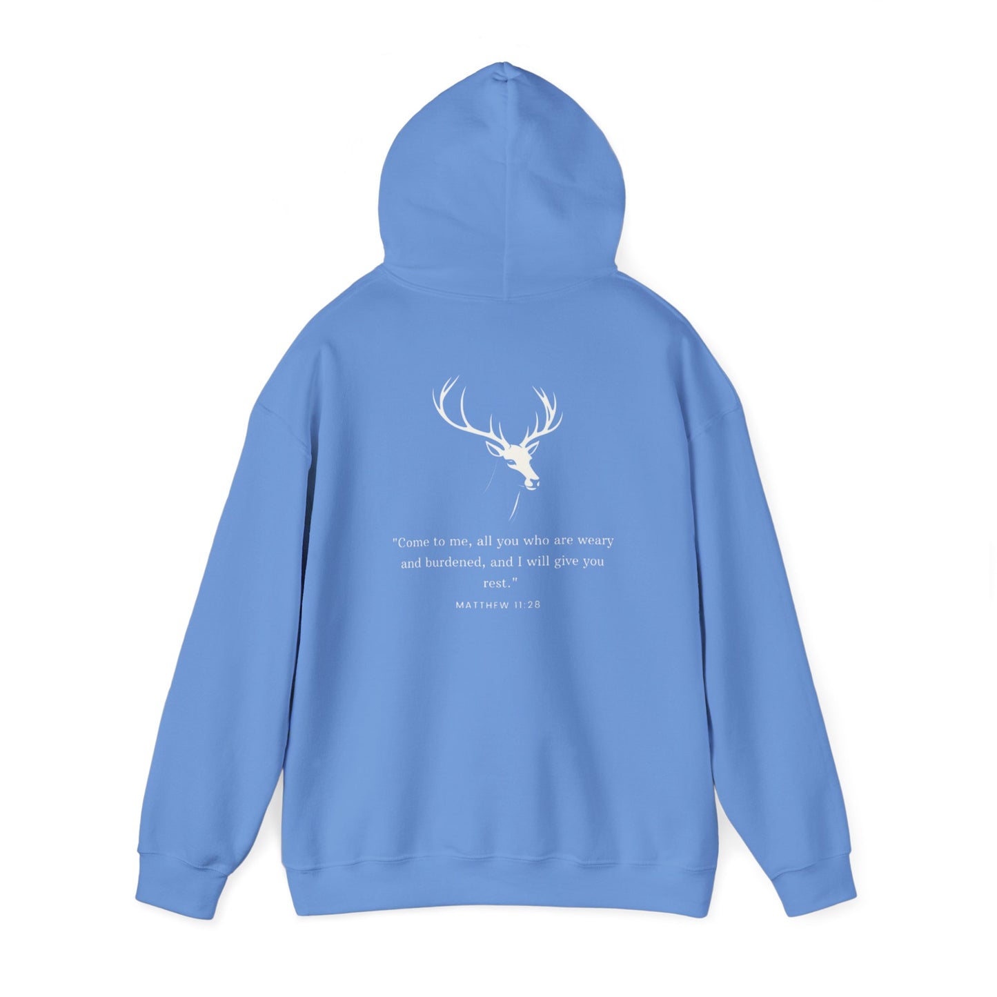 Aethereus Unisex Heavy Blend™ Hooded Sweatshirt - Stag/Matthew 11:28 Back Design