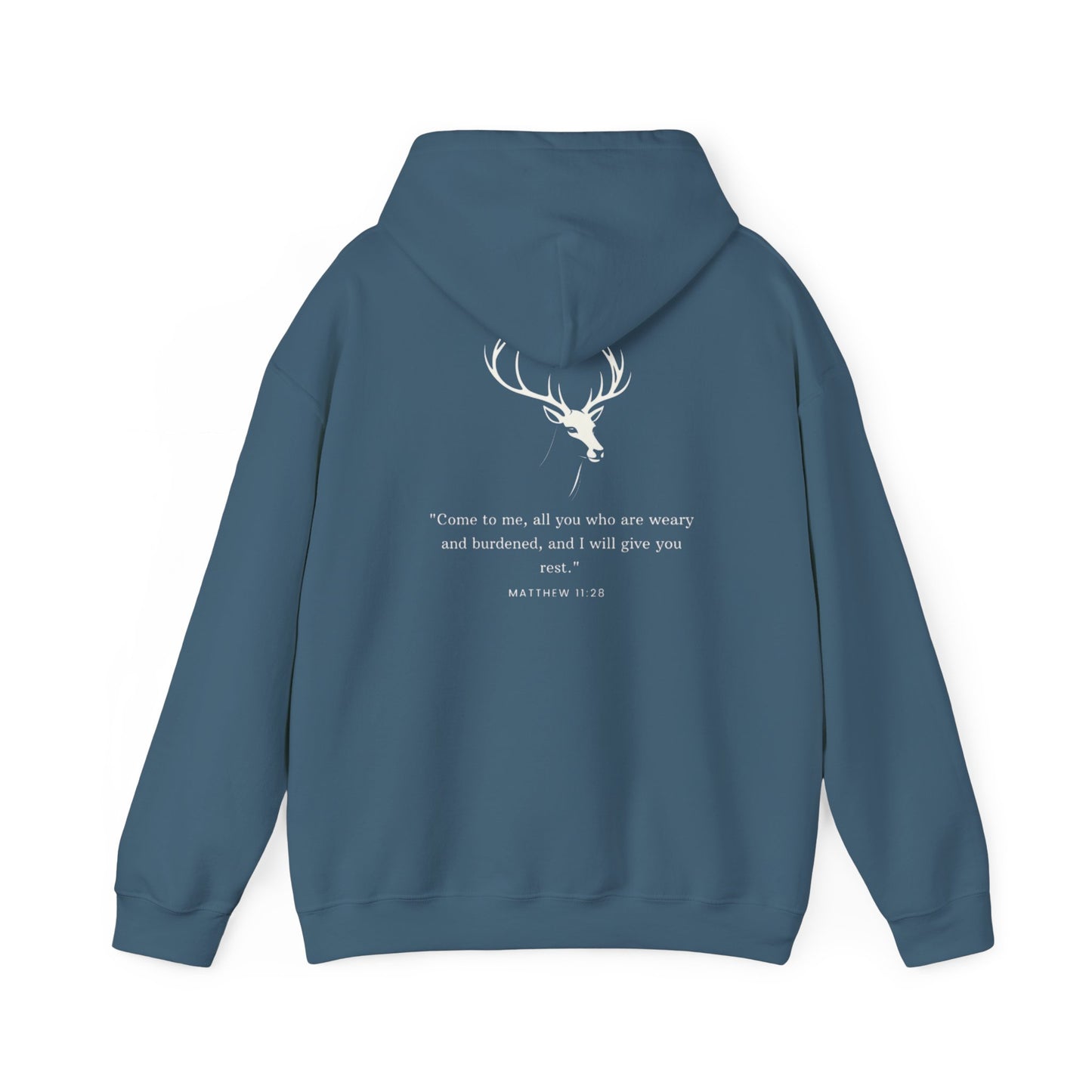 Aethereus Unisex Heavy Blend™ Hooded Sweatshirt - Stag/Matthew 11:28 Back Design