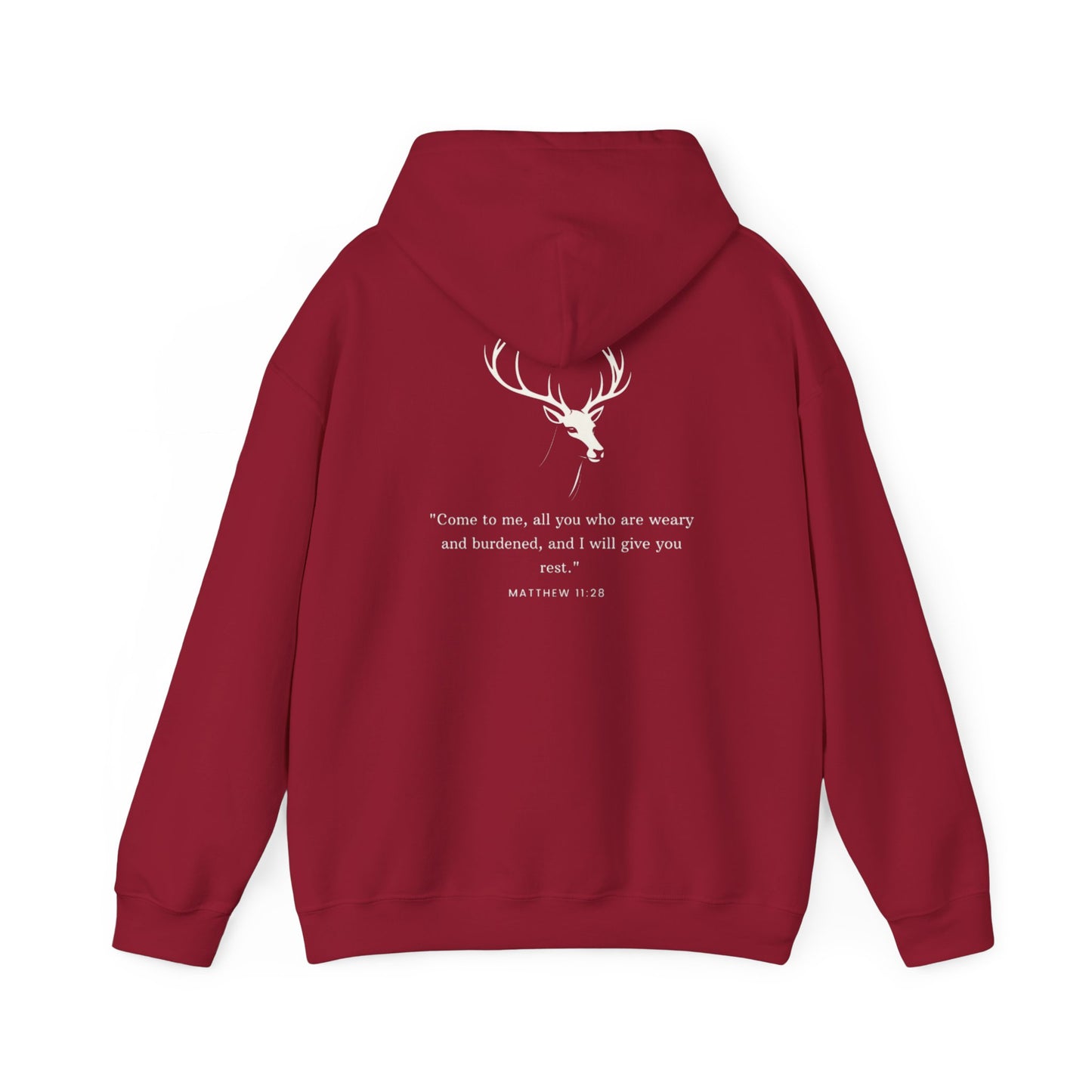 Aethereus Unisex Heavy Blend™ Hooded Sweatshirt - Stag/Matthew 11:28 Back Design