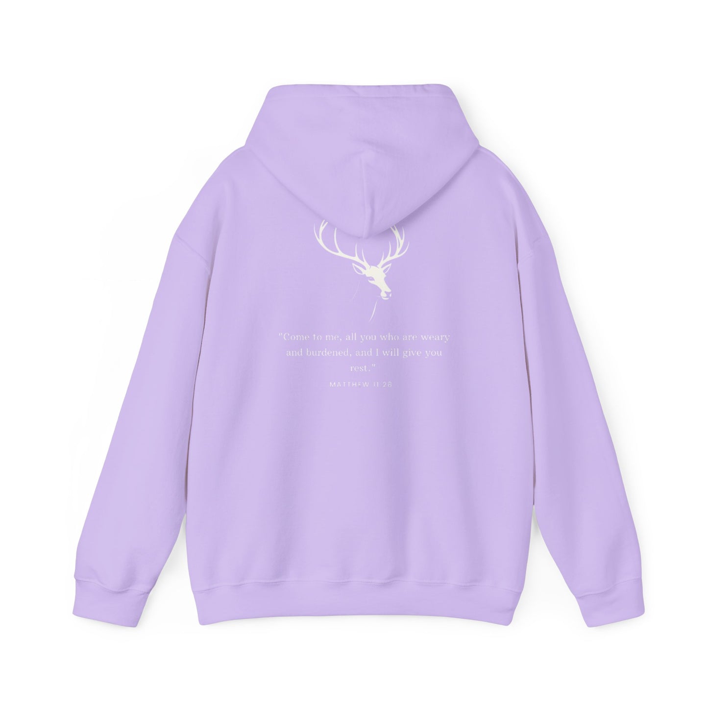 Aethereus Unisex Heavy Blend™ Hooded Sweatshirt - Stag/Matthew 11:28 Back Design