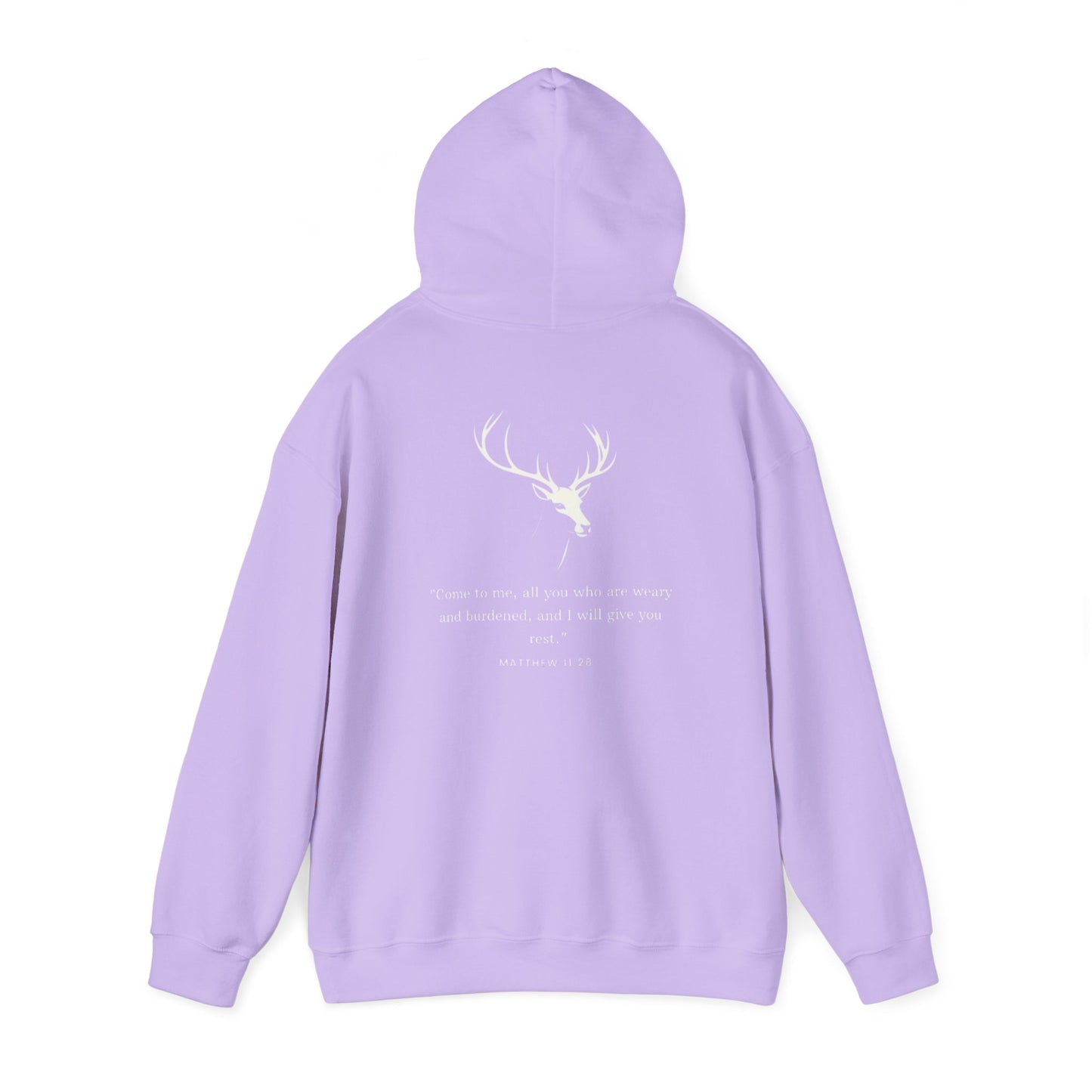 Aethereus Unisex Heavy Blend™ Hooded Sweatshirt - Stag/Matthew 11:28 Back Design