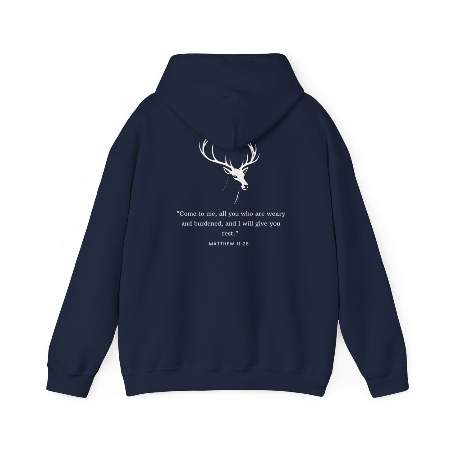 Aethereus Unisex Heavy Blend™ Hooded Sweatshirt - Stag/Matthew 11:28 Back Design