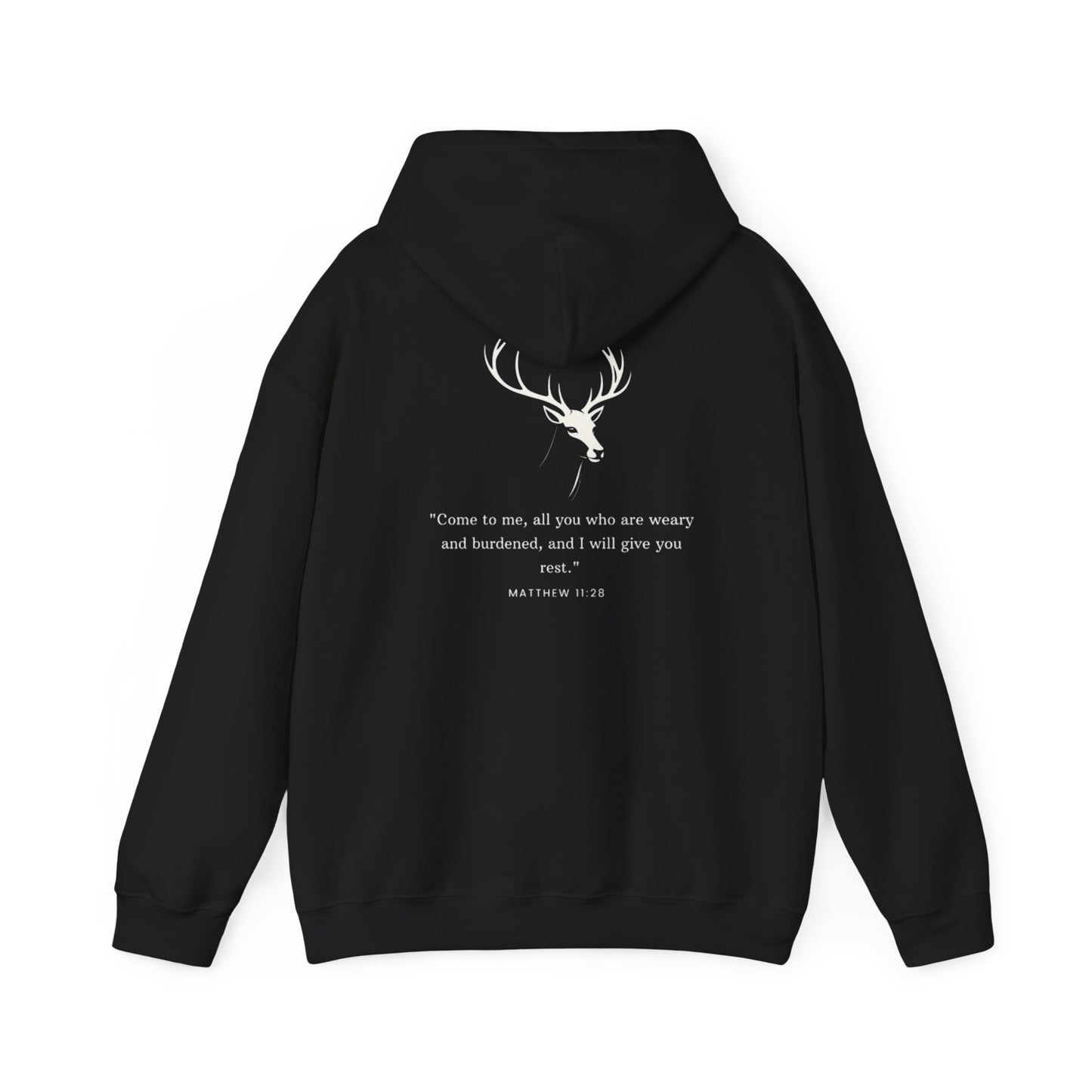 Aethereus Unisex Heavy Blend™ Hooded Sweatshirt - Stag/Matthew 11:28 Back Design