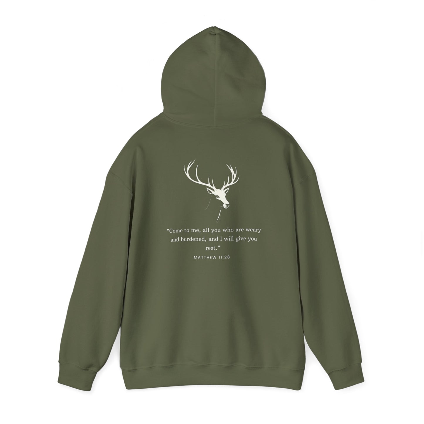 Aethereus Unisex Heavy Blend™ Hooded Sweatshirt - Stag/Matthew 11:28 Back Design