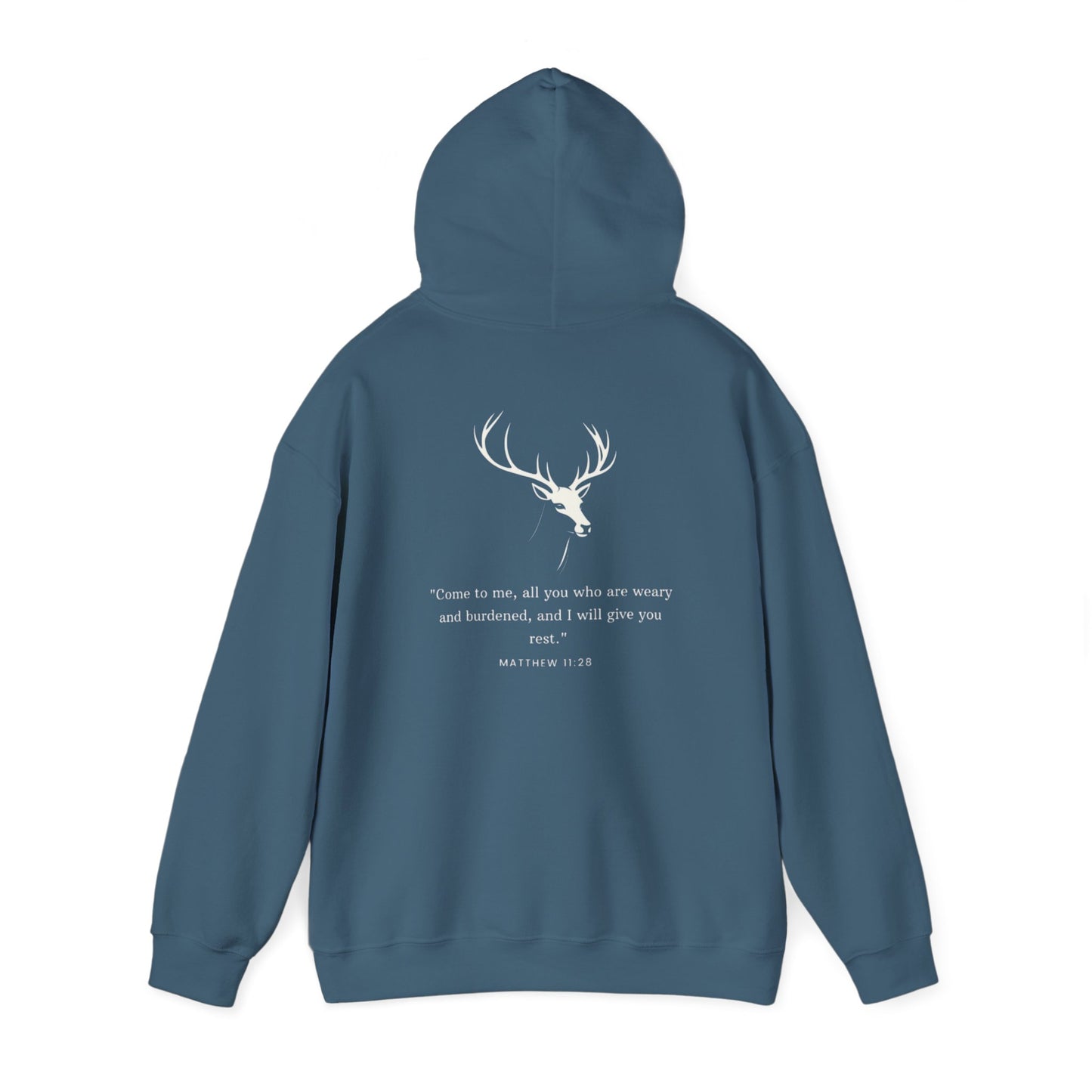 Aethereus Unisex Heavy Blend™ Hooded Sweatshirt - Stag/Matthew 11:28 Back Design