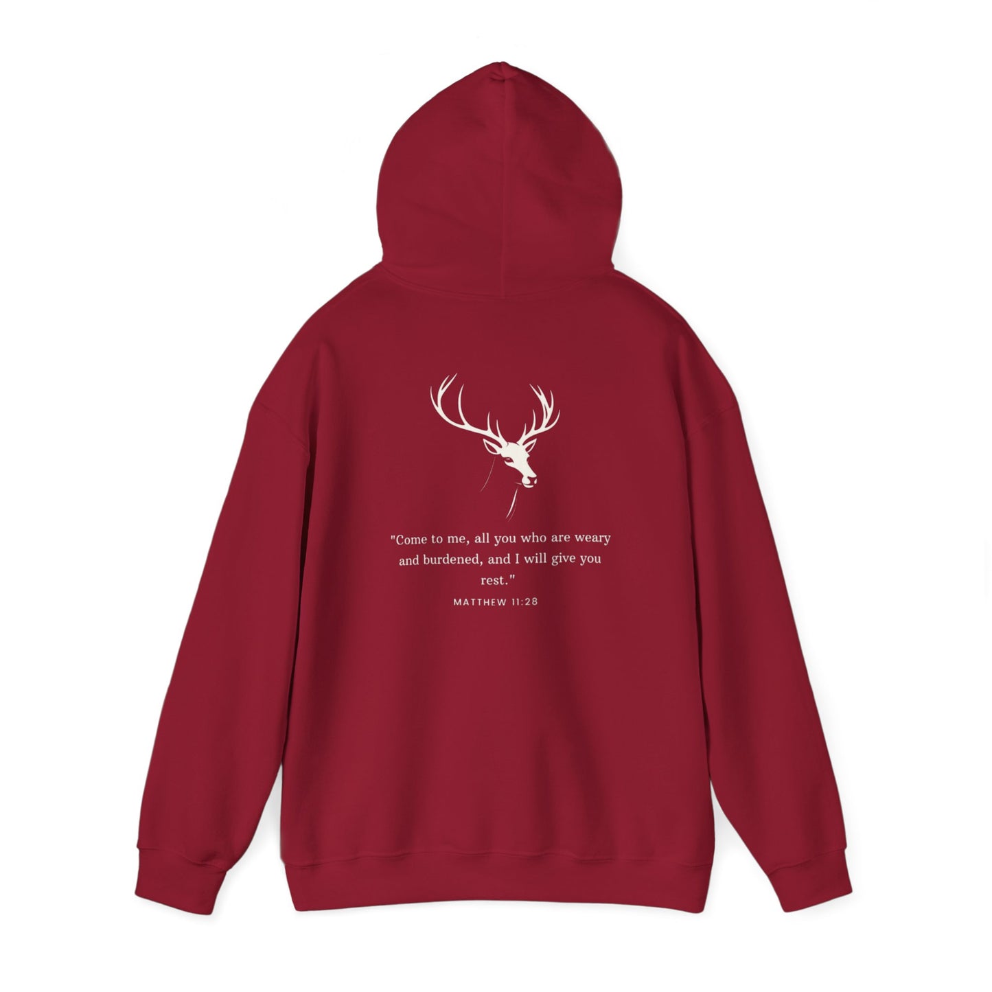 Aethereus Unisex Heavy Blend™ Hooded Sweatshirt - Stag/Matthew 11:28 Back Design